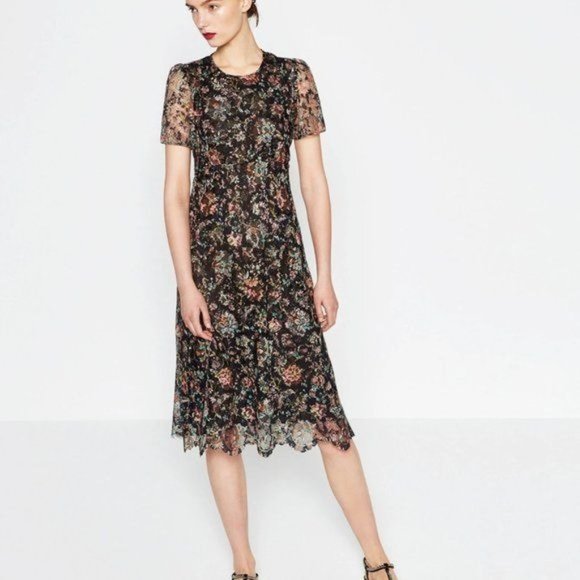 Zara Dresses Zara Floral Lace Mesh Midi Scalloped Sheer Dress zara-dresses-zara-floral-lace-mesh-midi-scalloped-sheer-dress
